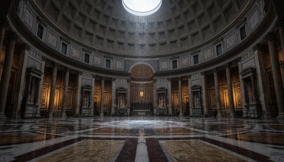 Rain falling through the oculus onto the marble floor of the Pantheon