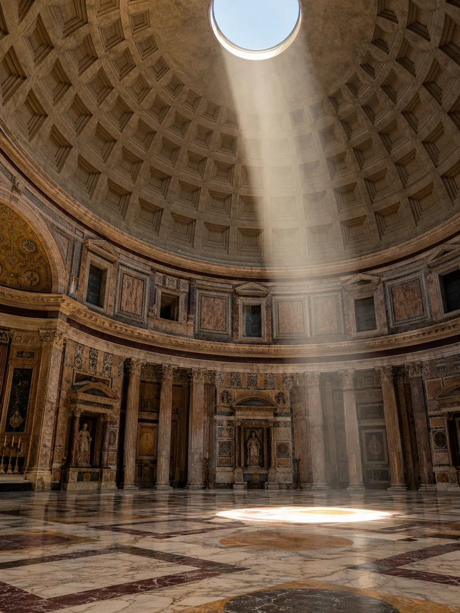 Sunlight from the oculus falling as a bright oval on the marble floor inside the Pantheon