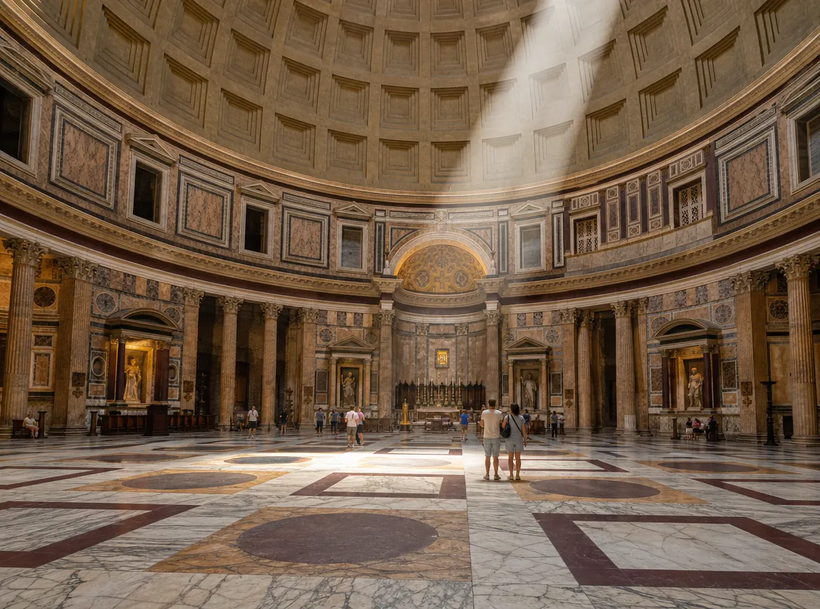 The marble niches and coloured floor of the Pantheon rotunda crossed by a beam of light
