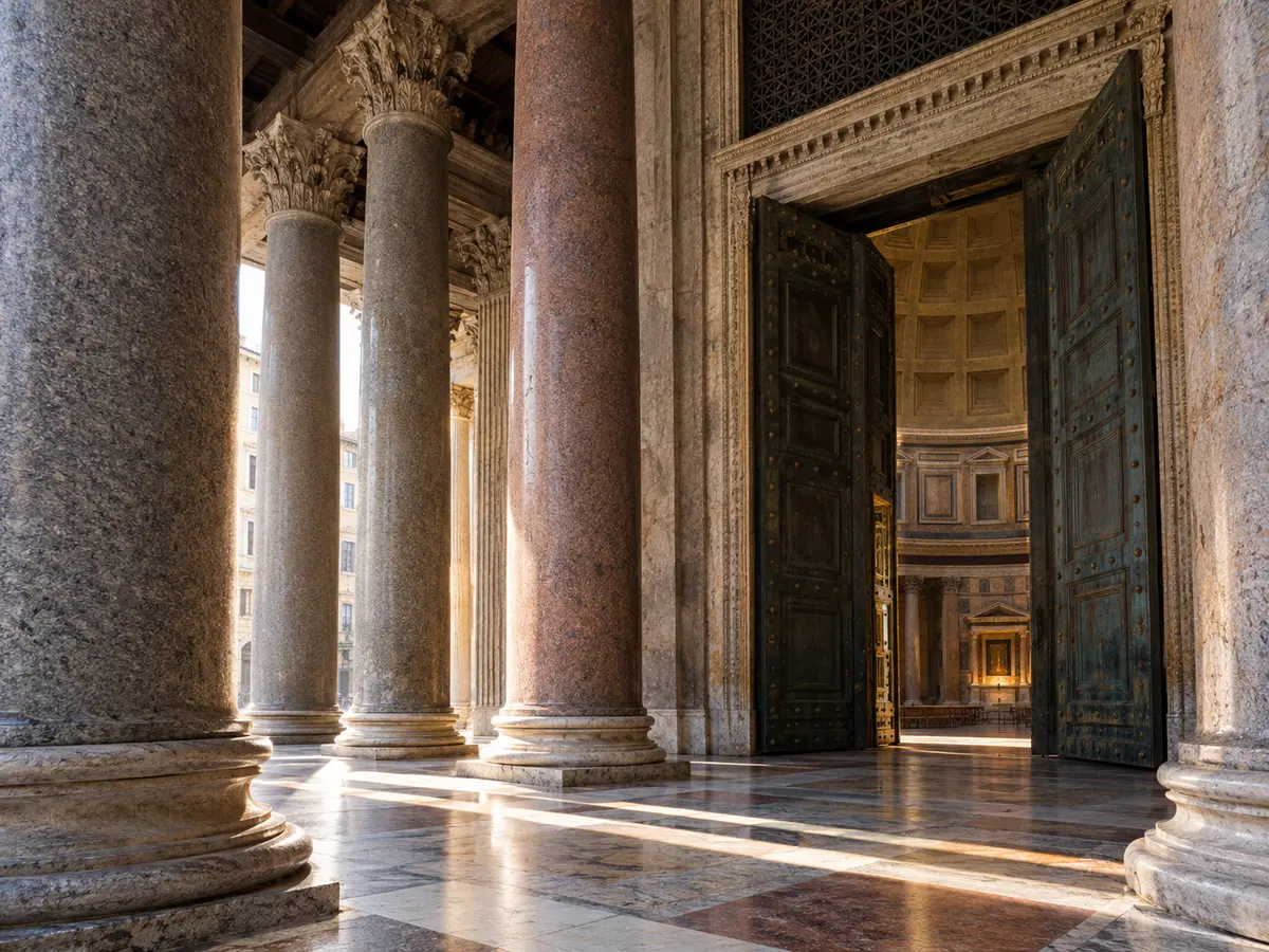 Granite columns and the open bronze doors inside the portico of the Pantheon
