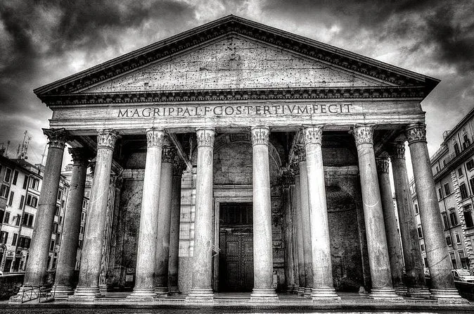 Black and white photo of the Pantheon facade and portico